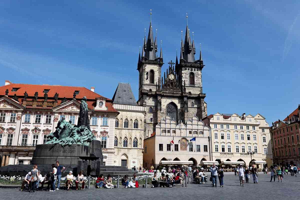 A bustling public square in Prague.