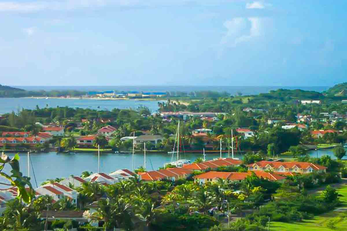 Aerial view of a coastal town in St. Lucia.
