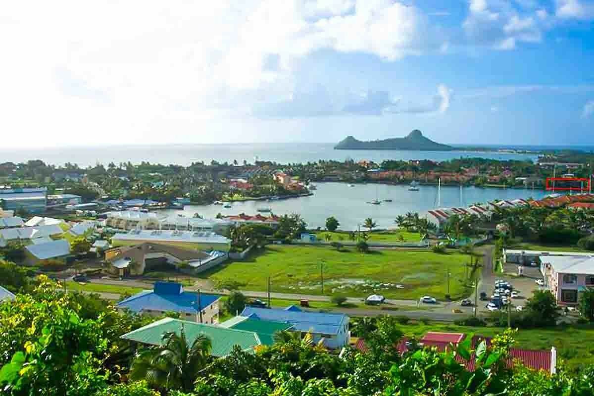 A scenic view of a coastal town.