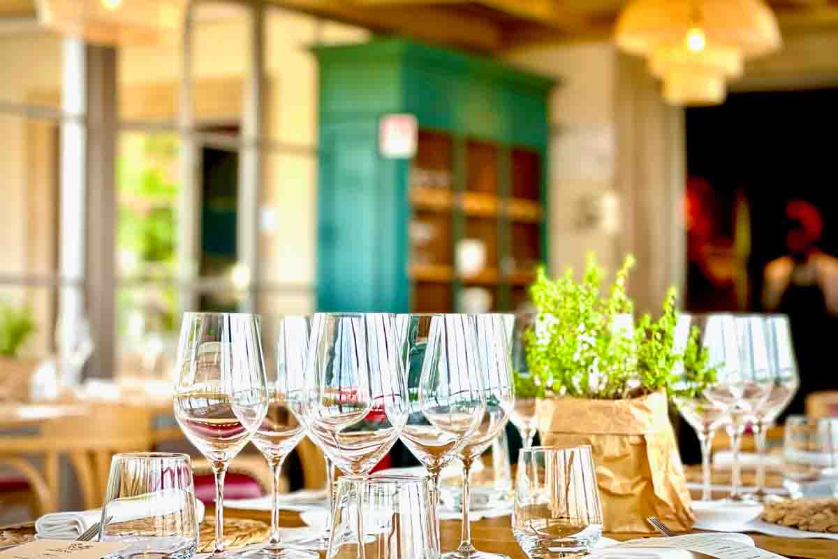 A set table with wine glasses and a potted plant in the center.