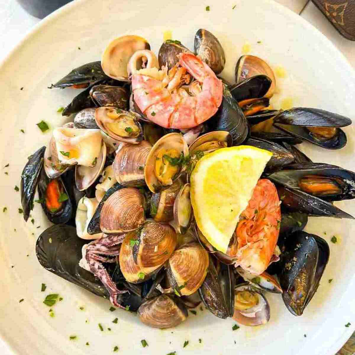 A plate of cooked seafood.
