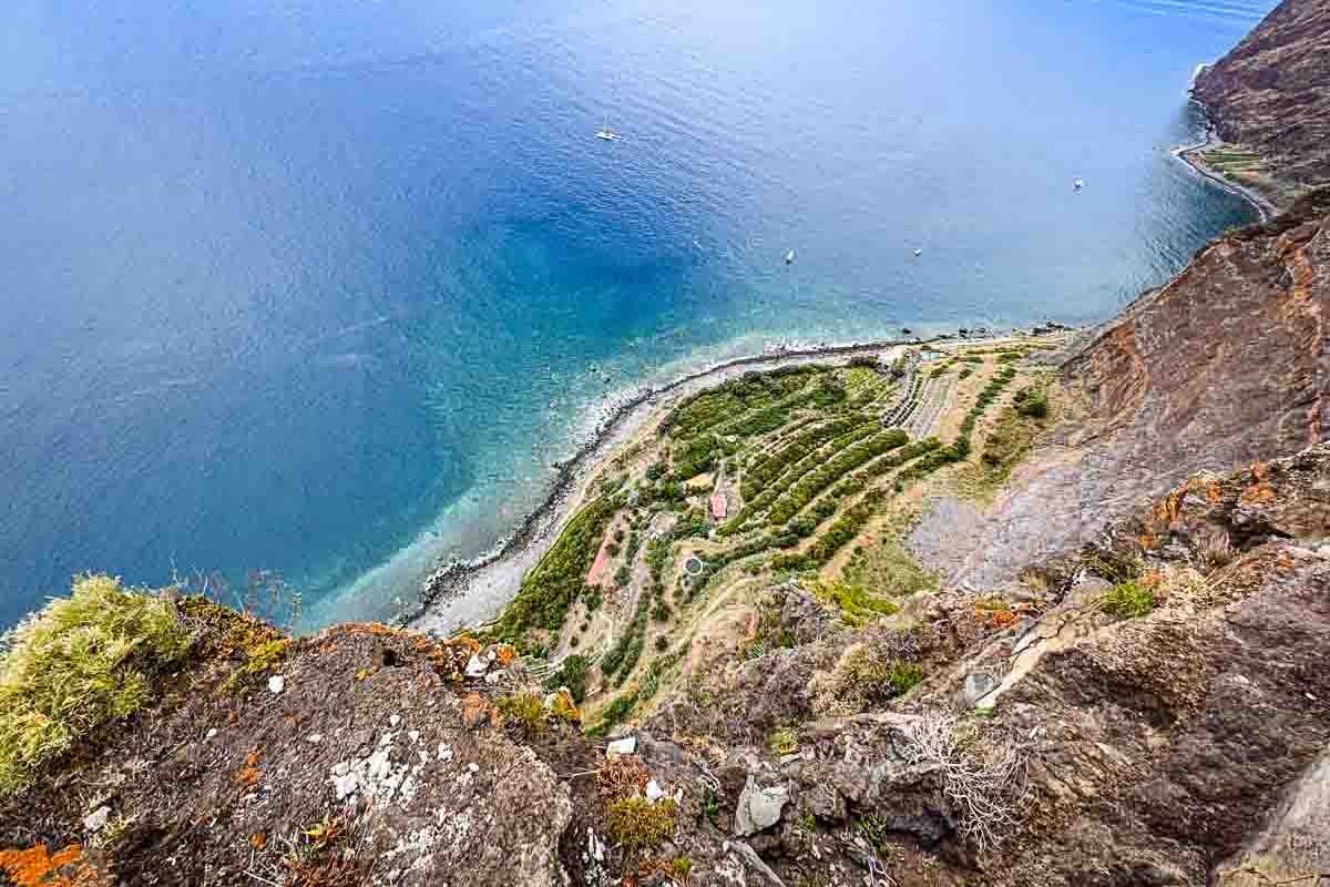 View from a cliff overlooking terraced fields and a narrow shoreline beside clear blue sea water—just one reason why Americans are falling for Madeira.