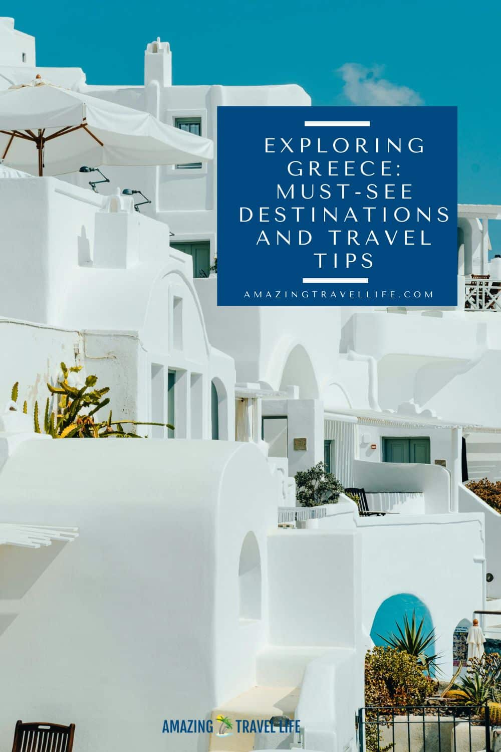 Whitewashed buildings with blue accents on a sunny hillside in Greece.